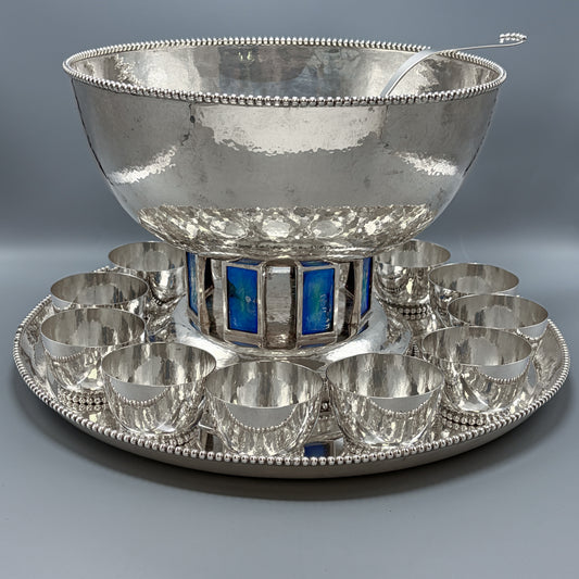 Estate Hand Wrought Sterling Silver Punch Bowl Set with Blue Enamel By Old Newbury Crafters
