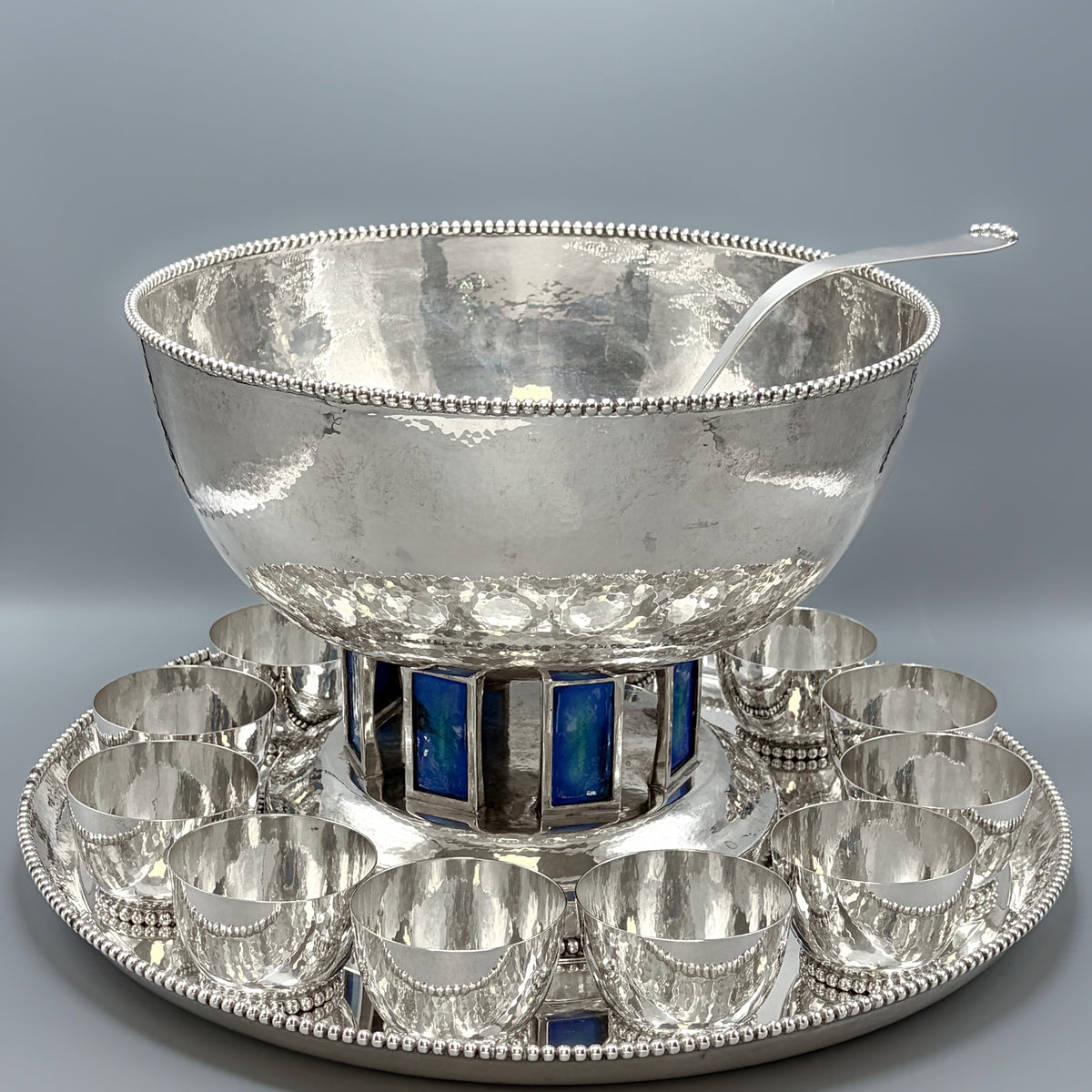 Estate Hand Wrought Sterling Silver Punch Bowl Set with Blue Enamel By Old Newbury Crafters