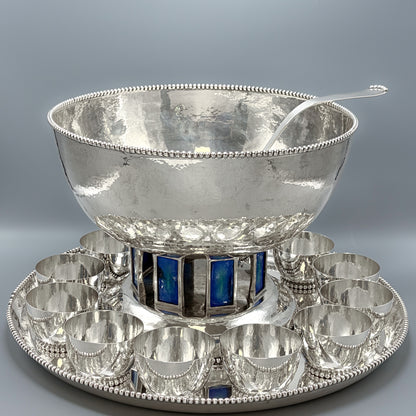 Estate Hand Wrought Sterling Silver Punch Bowl Set with Blue Enamel By Old Newbury Crafters
