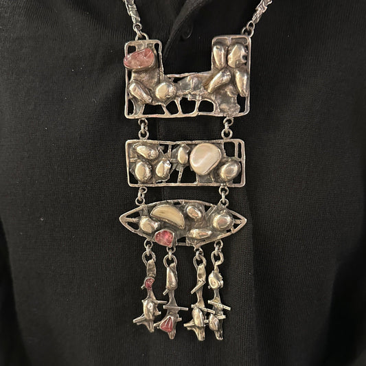 Estate Sterling Silver Brutalist Necklace with Tourmaline and Mother of Pearl by Rachel Gera