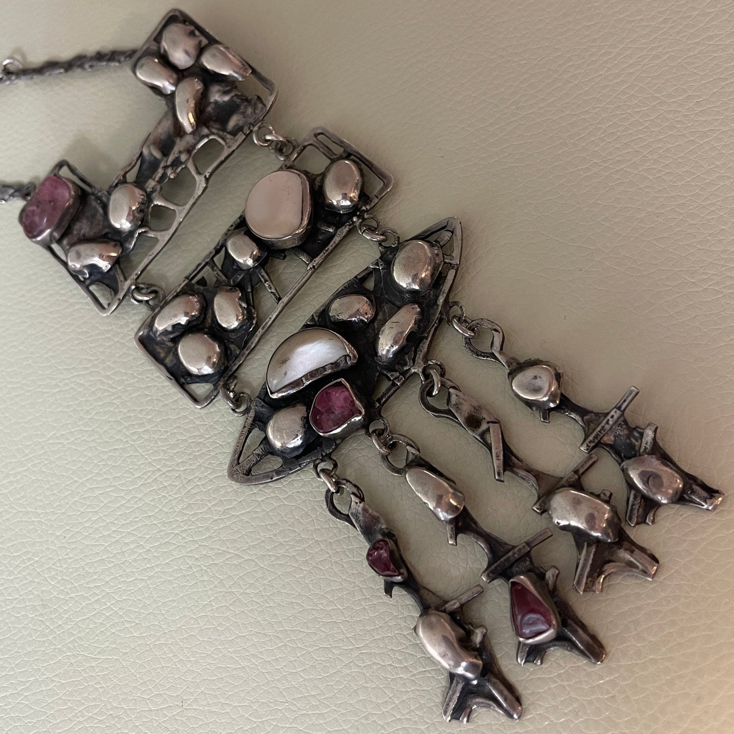 Estate Sterling Silver Brutalist Necklace with Tourmaline and Mother of Pearl by Rachel Gera