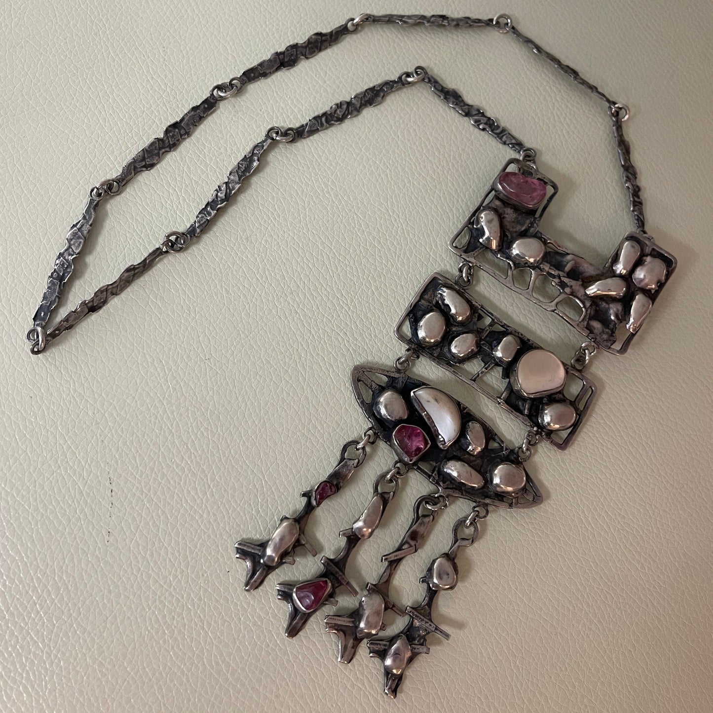 Estate Sterling Silver Brutalist Necklace with Tourmaline and Mother of Pearl by Rachel Gera