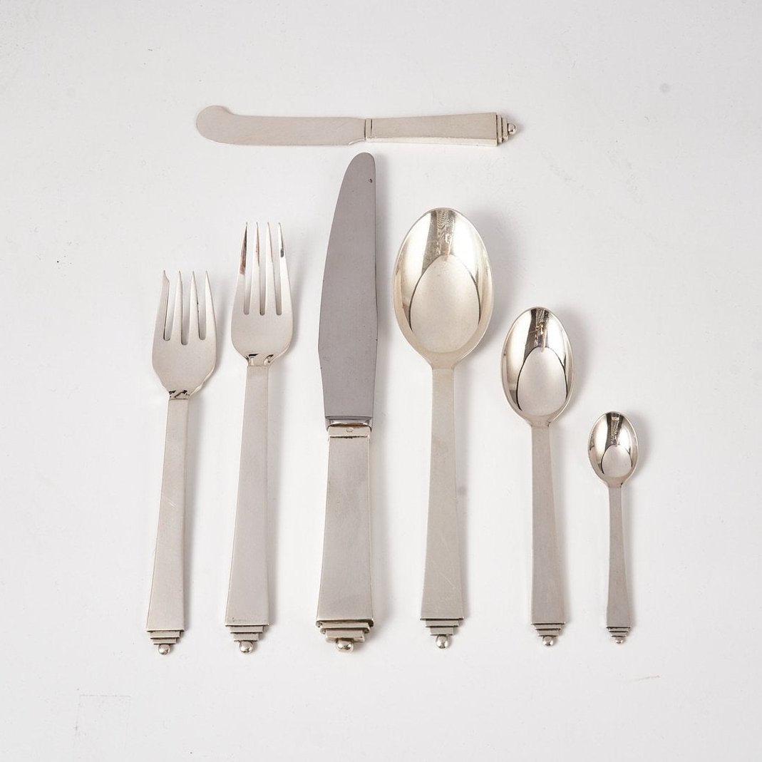 Estate Georg Jensen Sterling Silver Flatware in the "Pyramid" Pattern Service of 12 (84 Pieces)