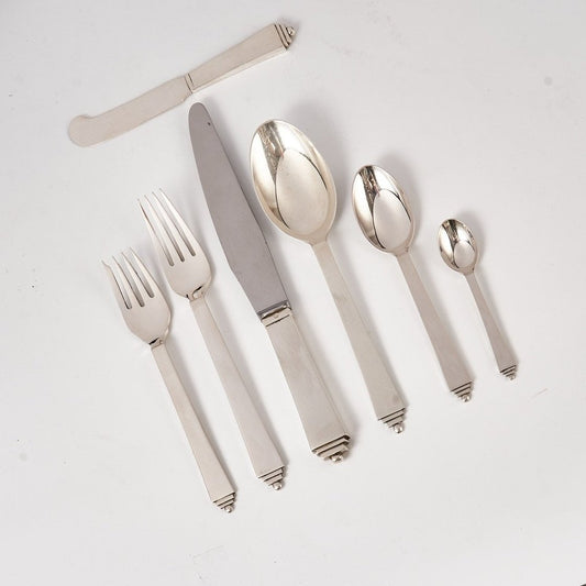 Estate Georg Jensen Sterling Silver Flatware in the "Pyramid" Pattern Service of 12 (84 Pieces)