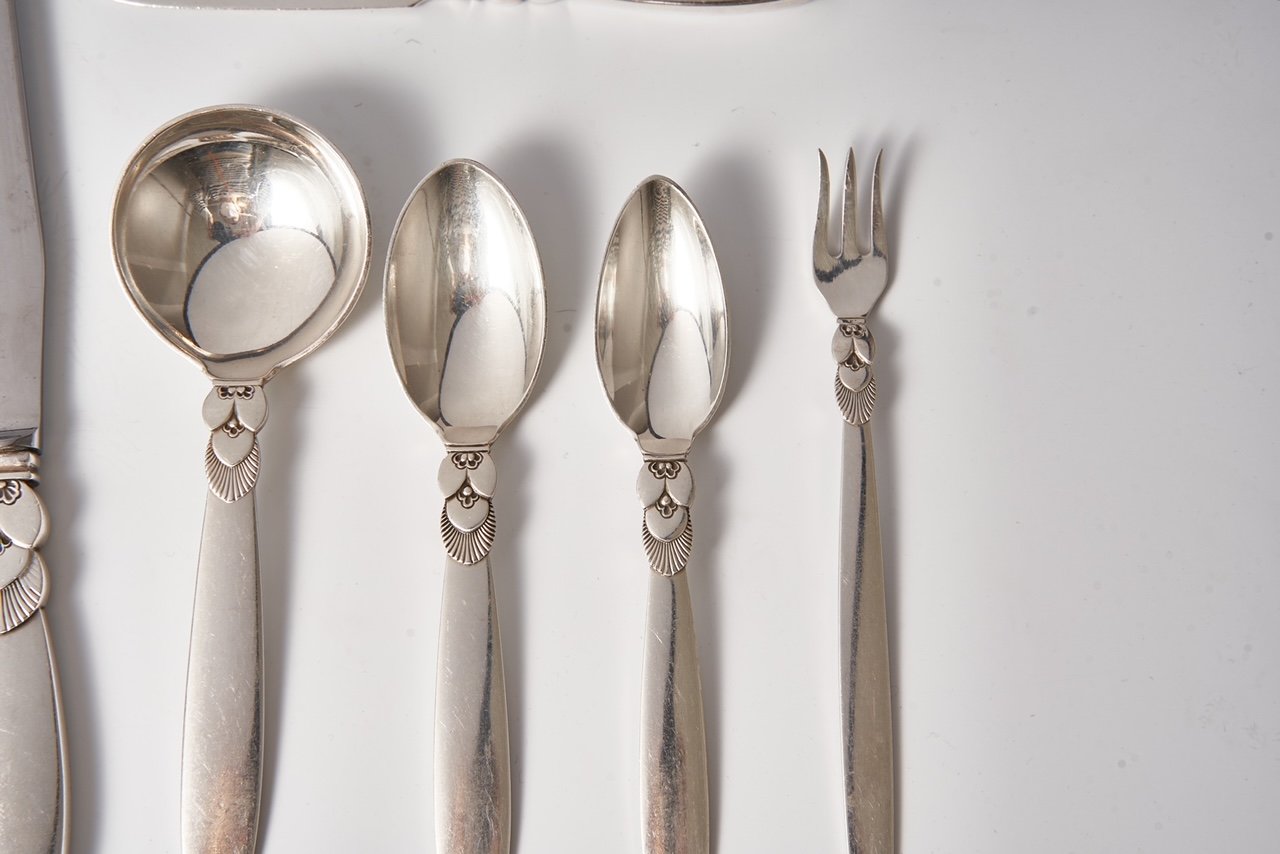 Estate Georg Jensen Sterling Silver Flatware in the “Cactus” Pattern Service for 12 with Serving Pieces by Gundorph Albertus (100 Pieces)