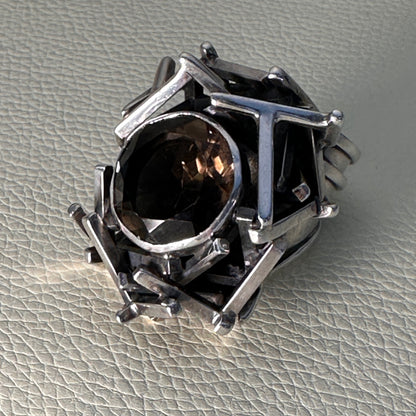 Estate Sterling Silver Brutalist Ring with Smoky Quartz by Rachel Gera