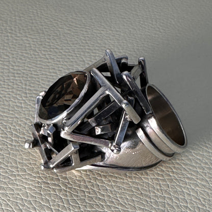 Estate Sterling Silver Brutalist Ring with Smoky Quartz by Rachel Gera