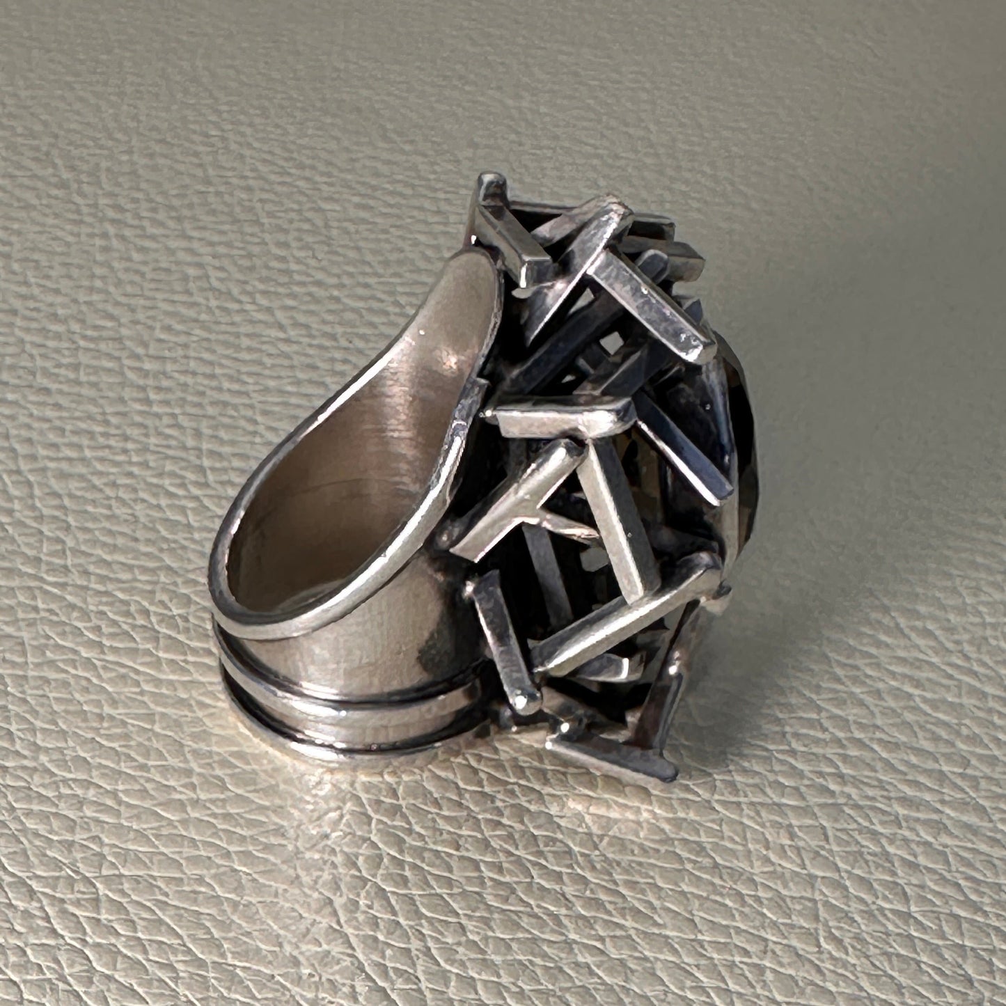 Estate Sterling Silver Brutalist Ring with Smoky Quartz by Rachel Gera