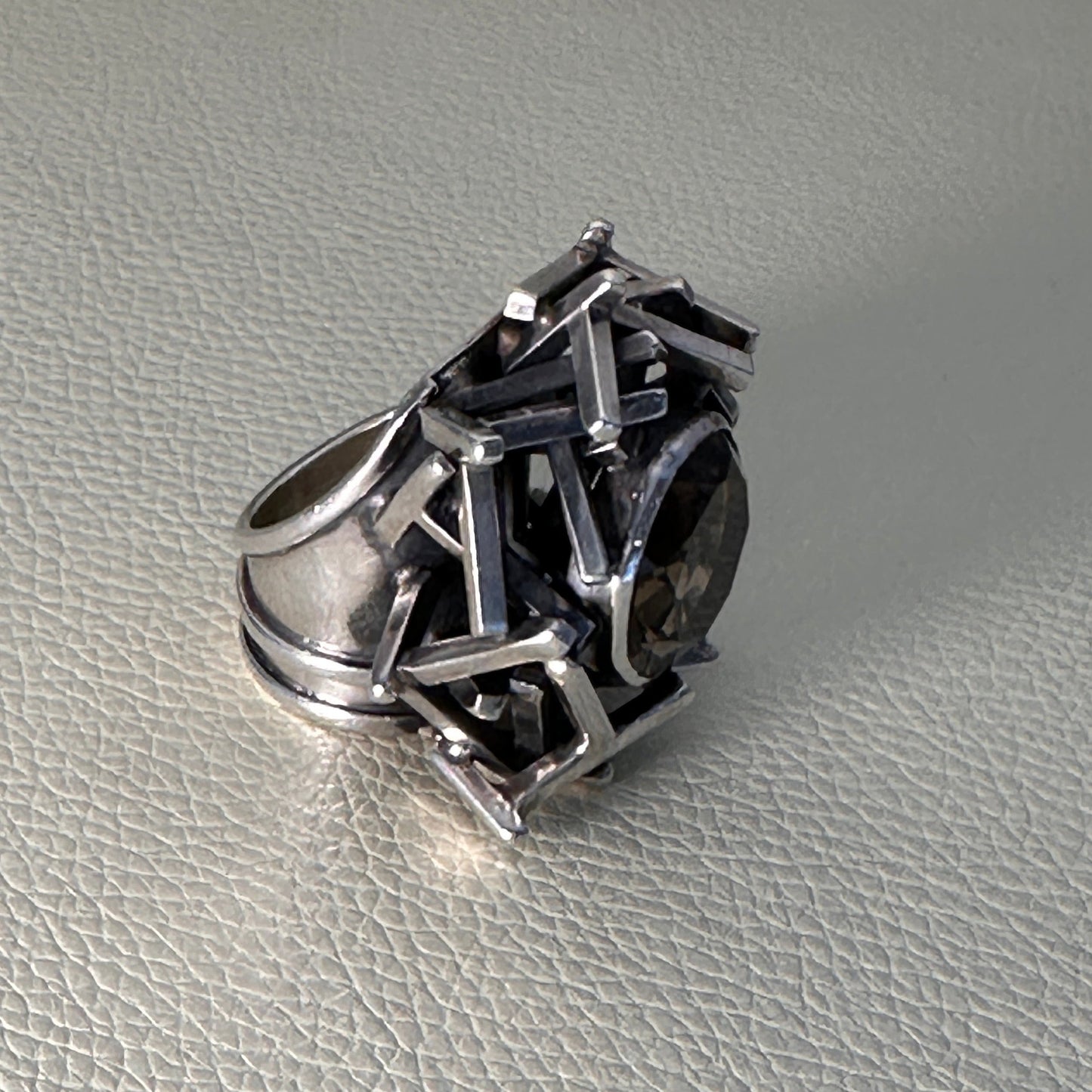 Estate Sterling Silver Brutalist Ring with Smoky Quartz by Rachel Gera