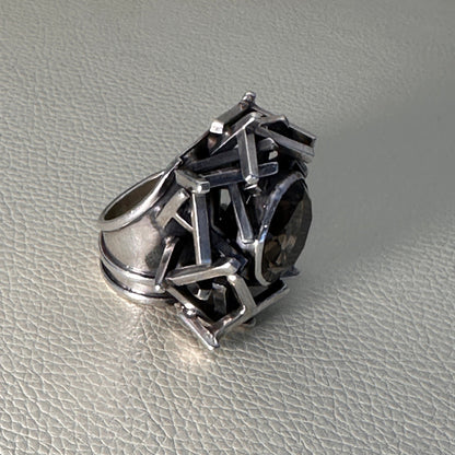 Estate Sterling Silver Brutalist Ring with Smoky Quartz by Rachel Gera