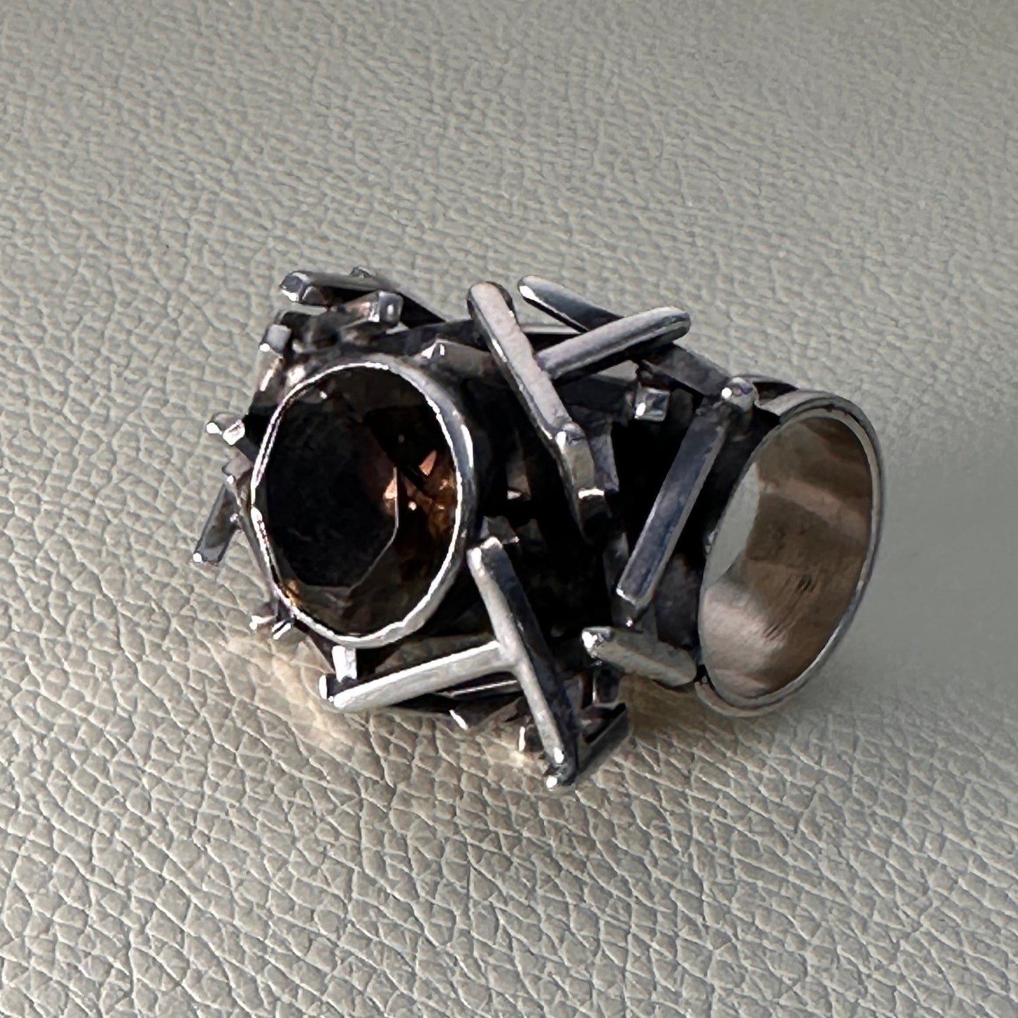 Estate Sterling Silver Brutalist Ring with Smoky Quartz by Rachel Gera