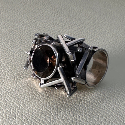 Estate Sterling Silver Brutalist Ring with Smoky Quartz by Rachel Gera