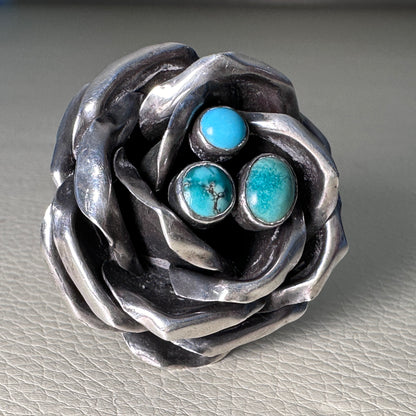 Estate Sterling Silver Turquoise Rose Ring by Rachel Gera