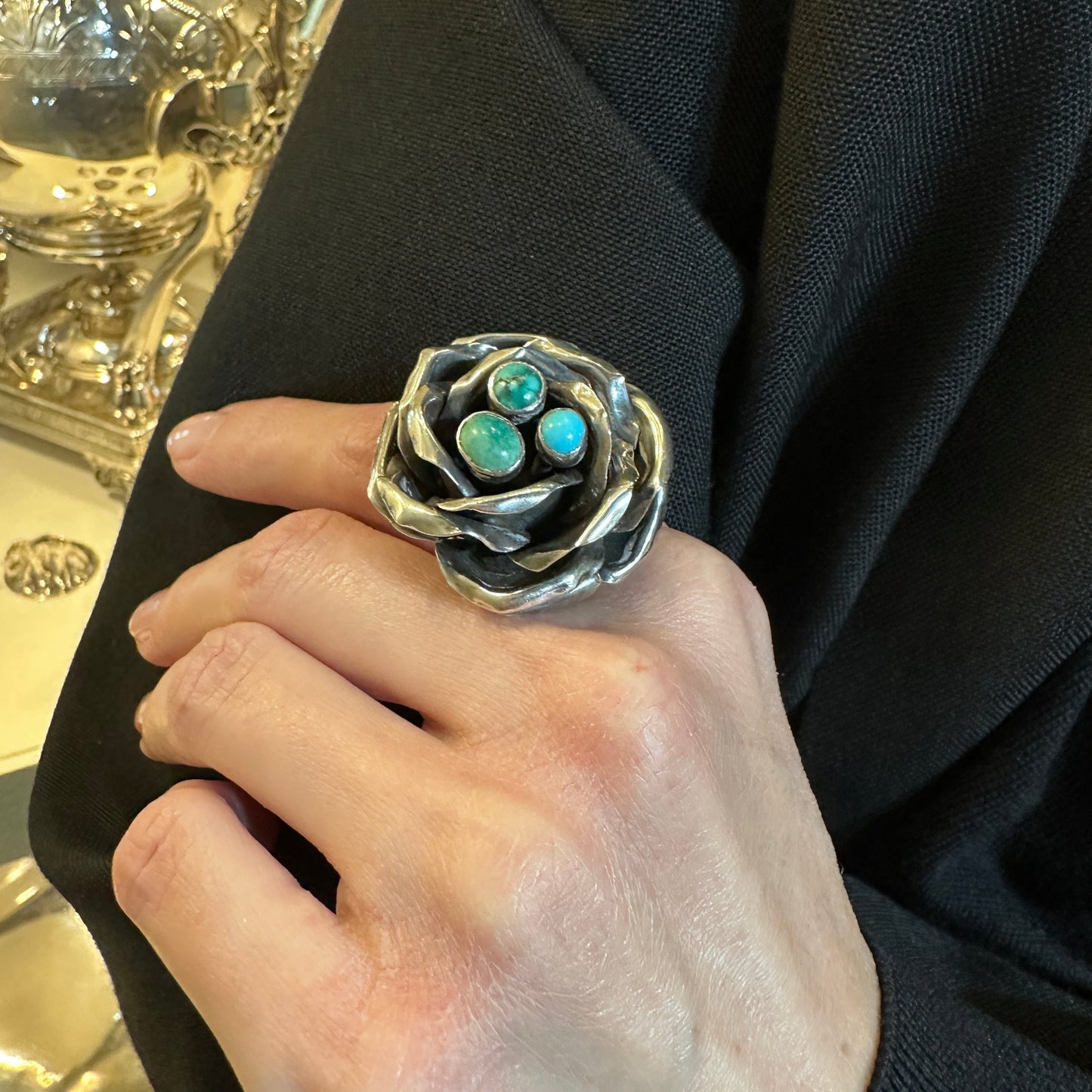 Estate Sterling Silver Turquoise Rose Ring by Rachel Gera