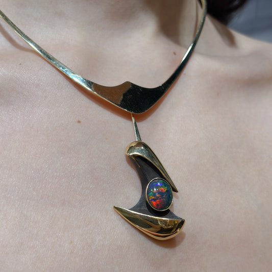 Estate 14k Ronald Hayes Pearson Pointed Neck Ring Necklace with 14k Black Opal Pendant