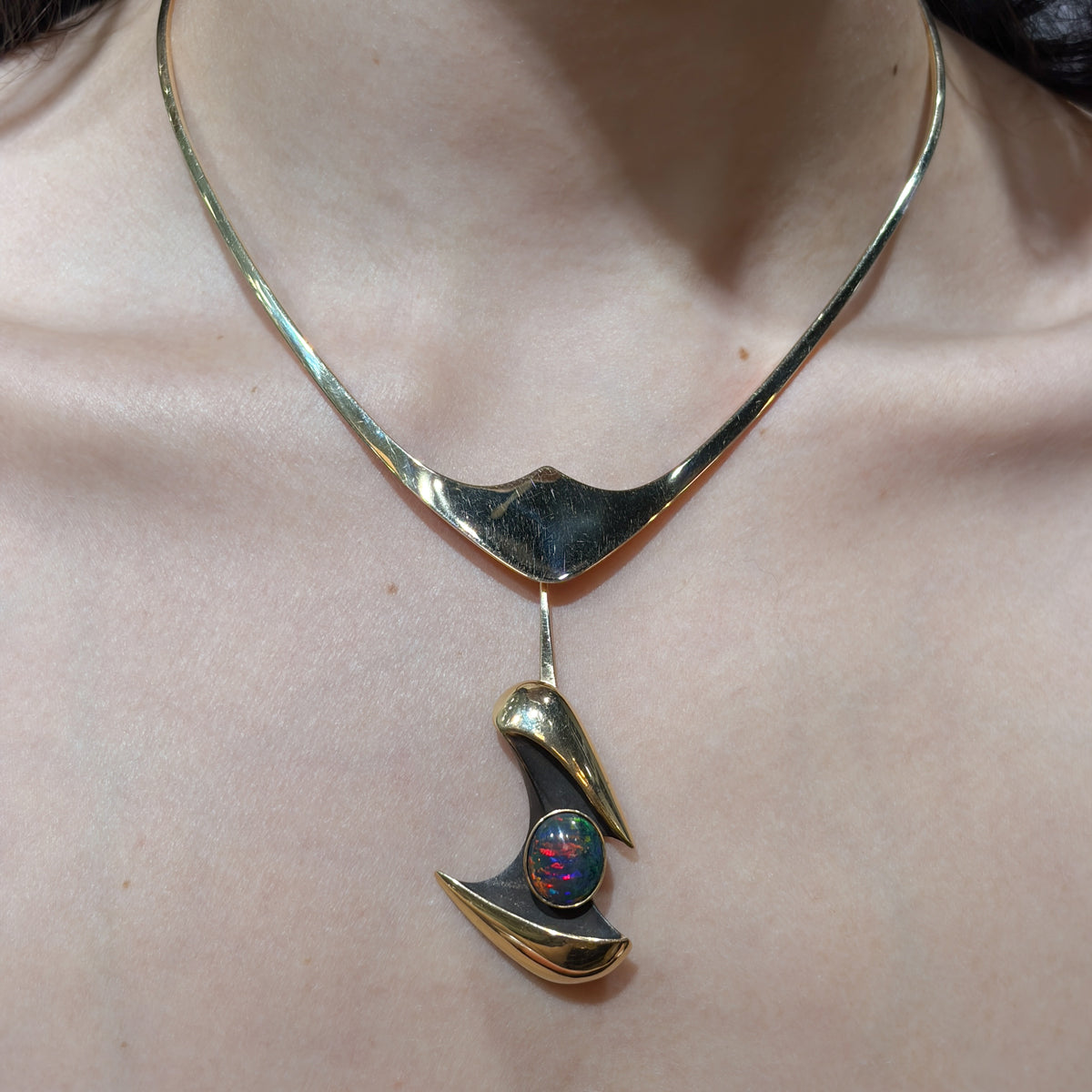 Estate 14k Ronald Hayes Pearson Pointed Neck Ring Necklace with 14k Black Opal Pendant