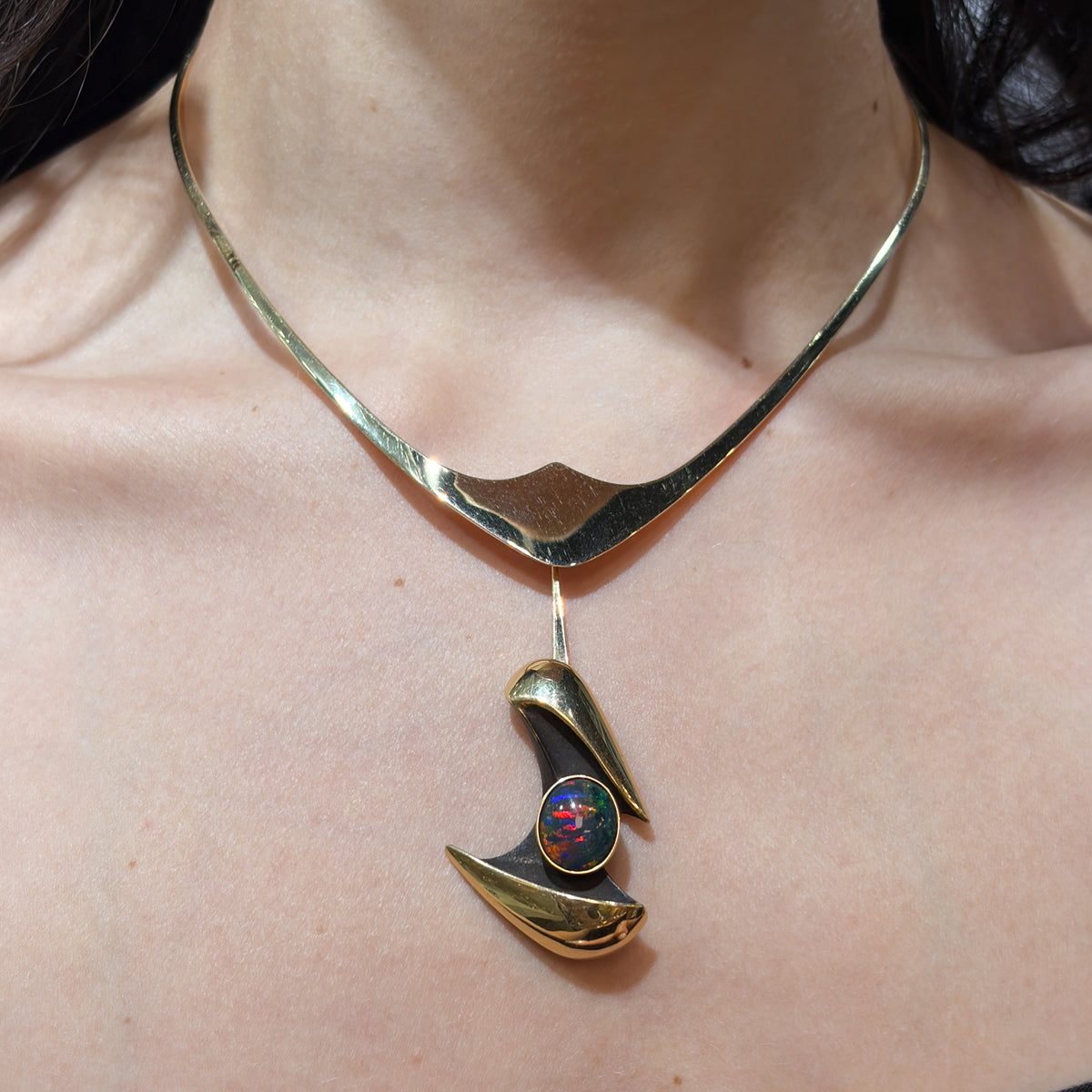 Estate 14k Ronald Hayes Pearson Pointed Neck Ring Necklace with 14k Black Opal Pendant
