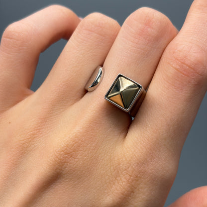 Estate Sterling Silver and Vermeil Pyramid Stud Ring by Saint Laurent