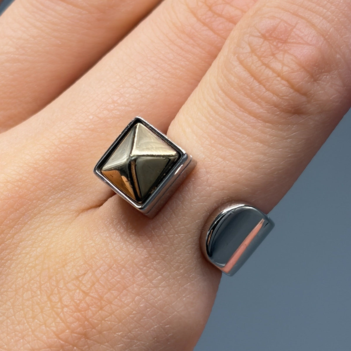 Estate Sterling Silver and Vermeil Pyramid Stud Ring by Saint Laurent