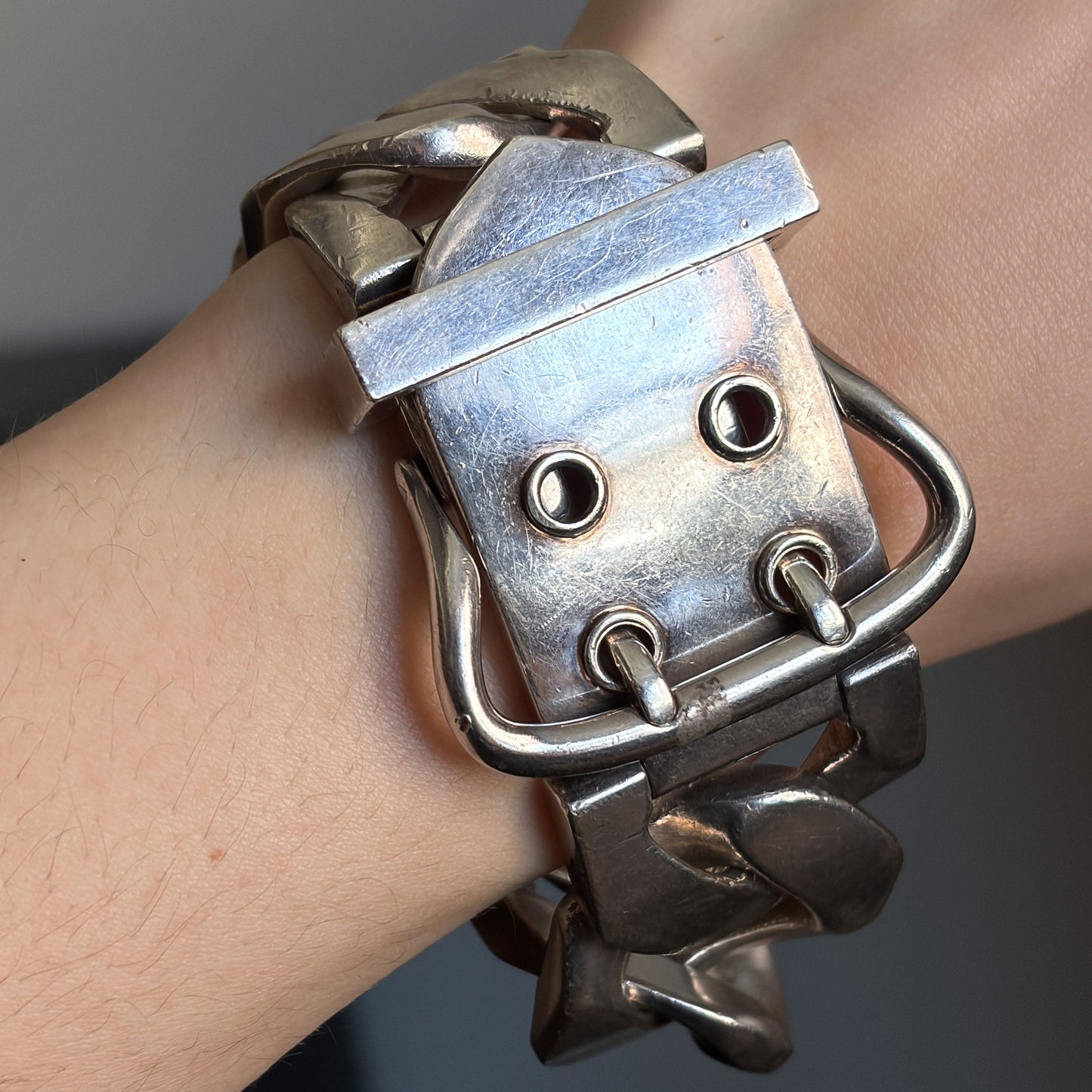Estate Hermes Bookle Serie TGM Curb Chain Belt Clasp Bracelet