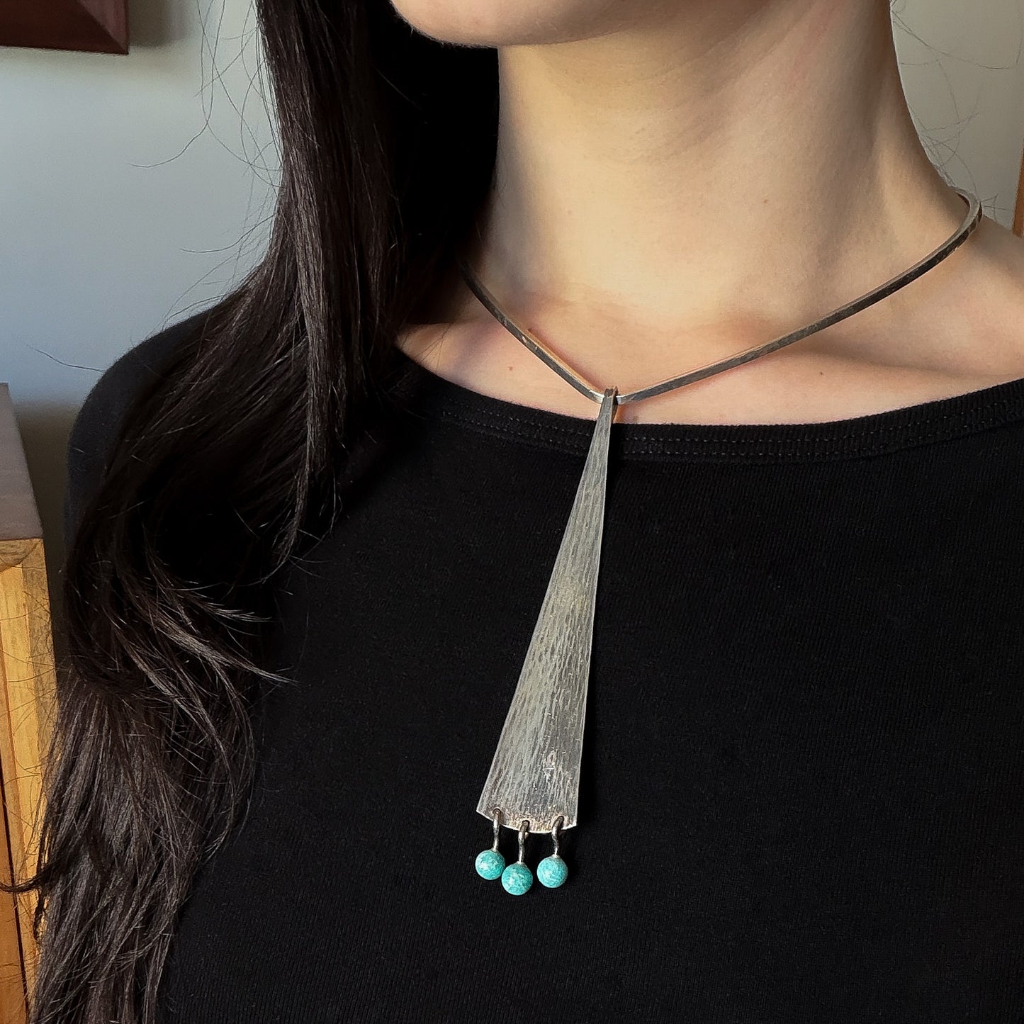 Estate Hans Hansen Sterling Silver Triangle Pendant with Three Amazonite Beads