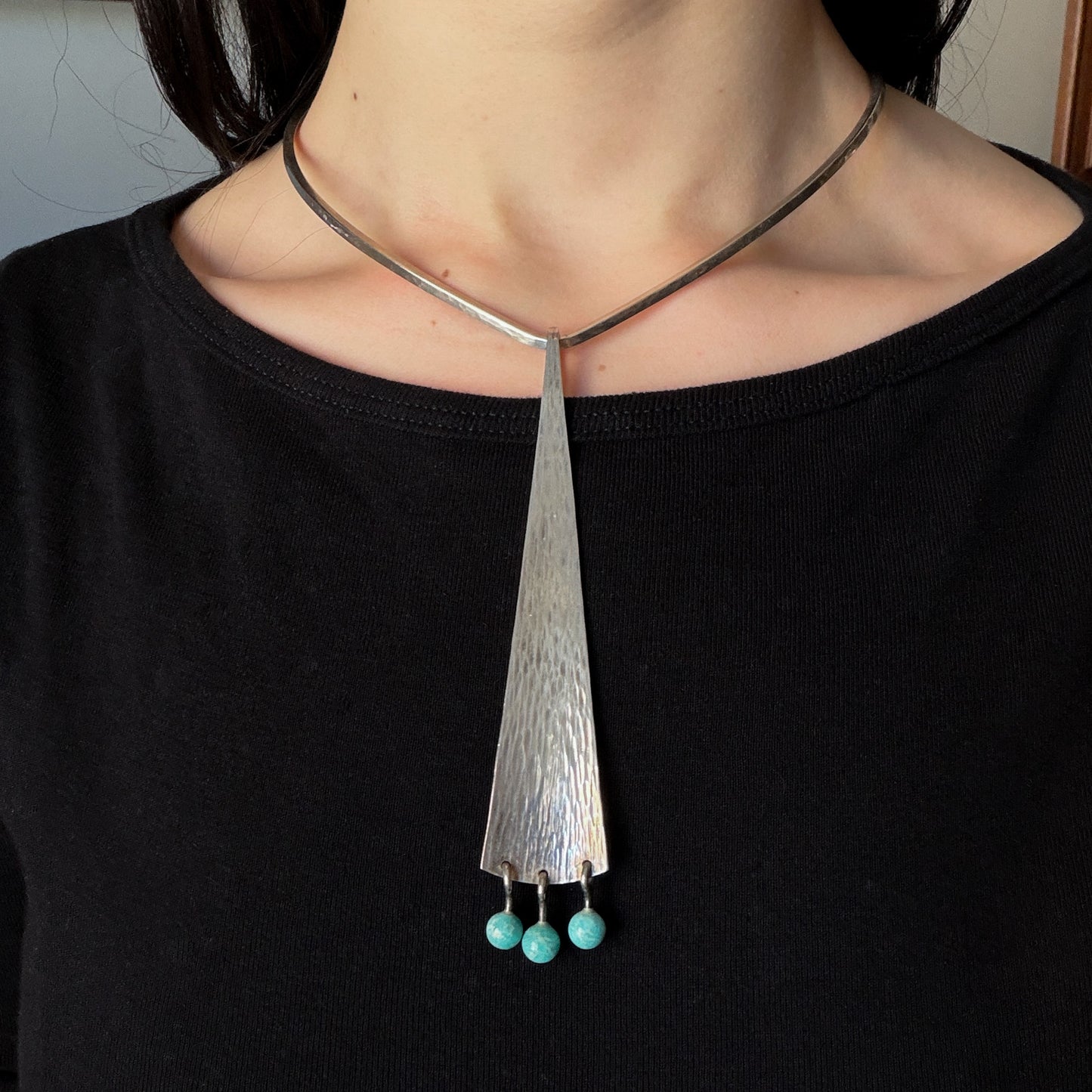 Estate Hans Hansen Sterling Silver Triangle Pendant with Three Amazonite Beads