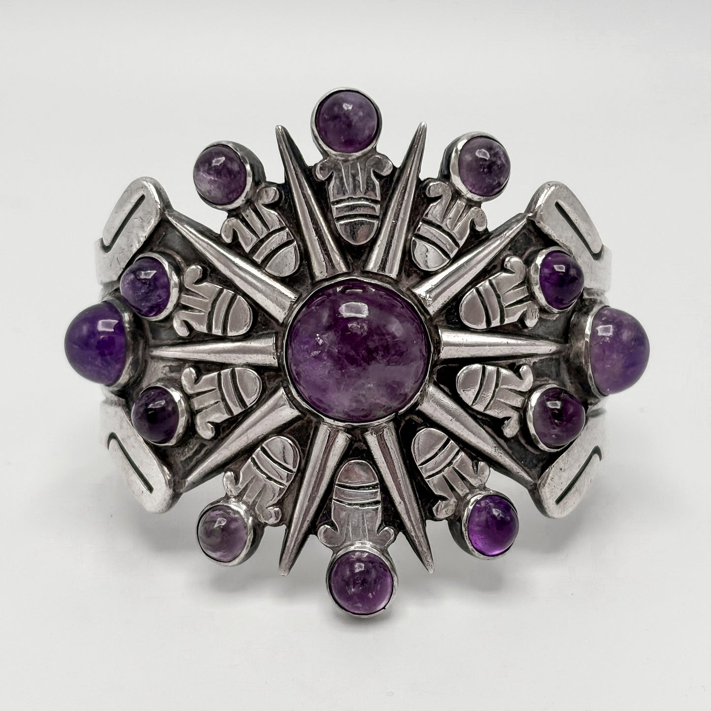 Estate Sterling Silver William Spratling Aztec Sunburst Cuff Bracelet with Amethyst