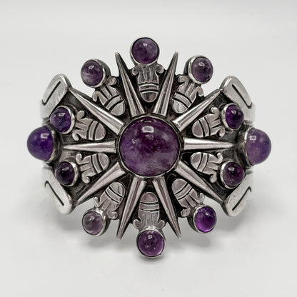 Estate Sterling Silver William Spratling Aztec Sunburst Cuff Bracelet with Amethyst