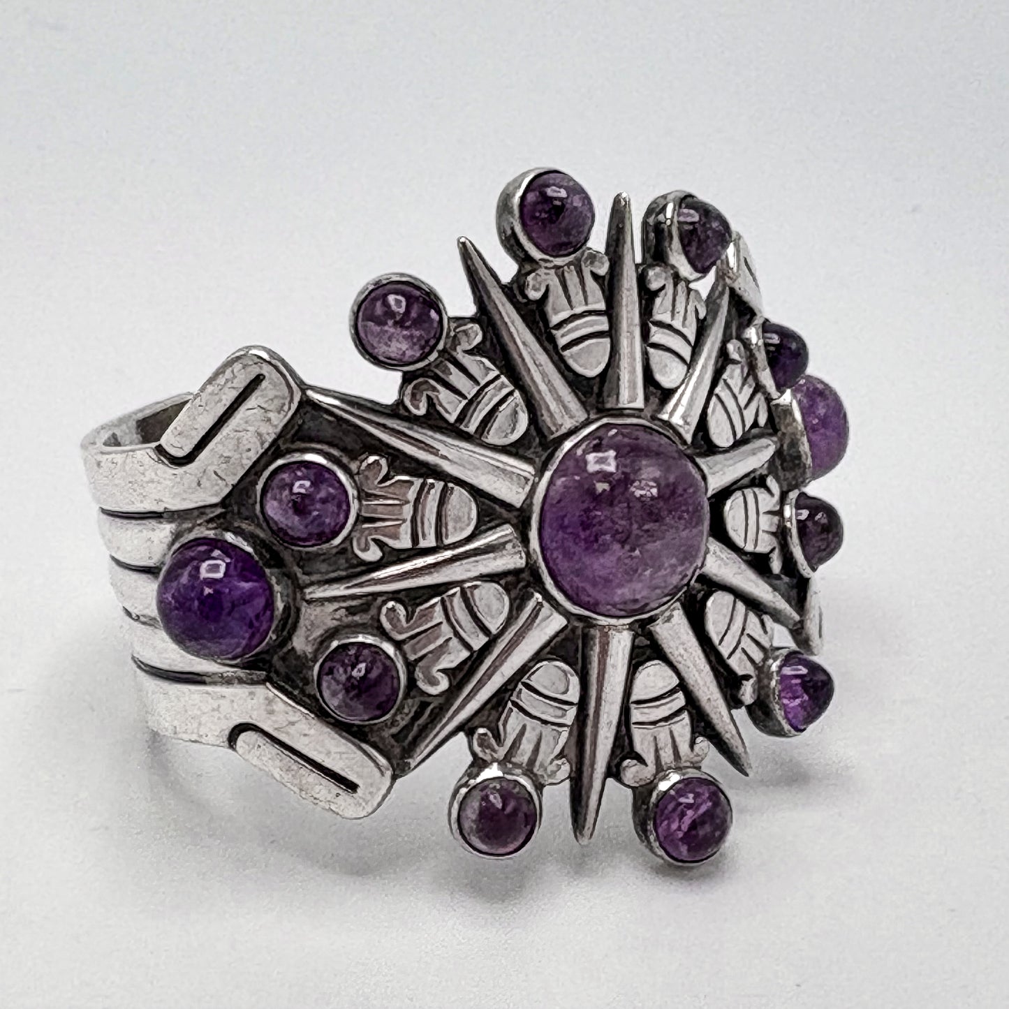 Estate Sterling Silver William Spratling Aztec Sunburst Cuff Bracelet with Amethyst