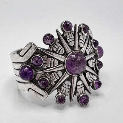 Estate Sterling Silver William Spratling Aztec Sunburst Cuff Bracelet with Amethyst