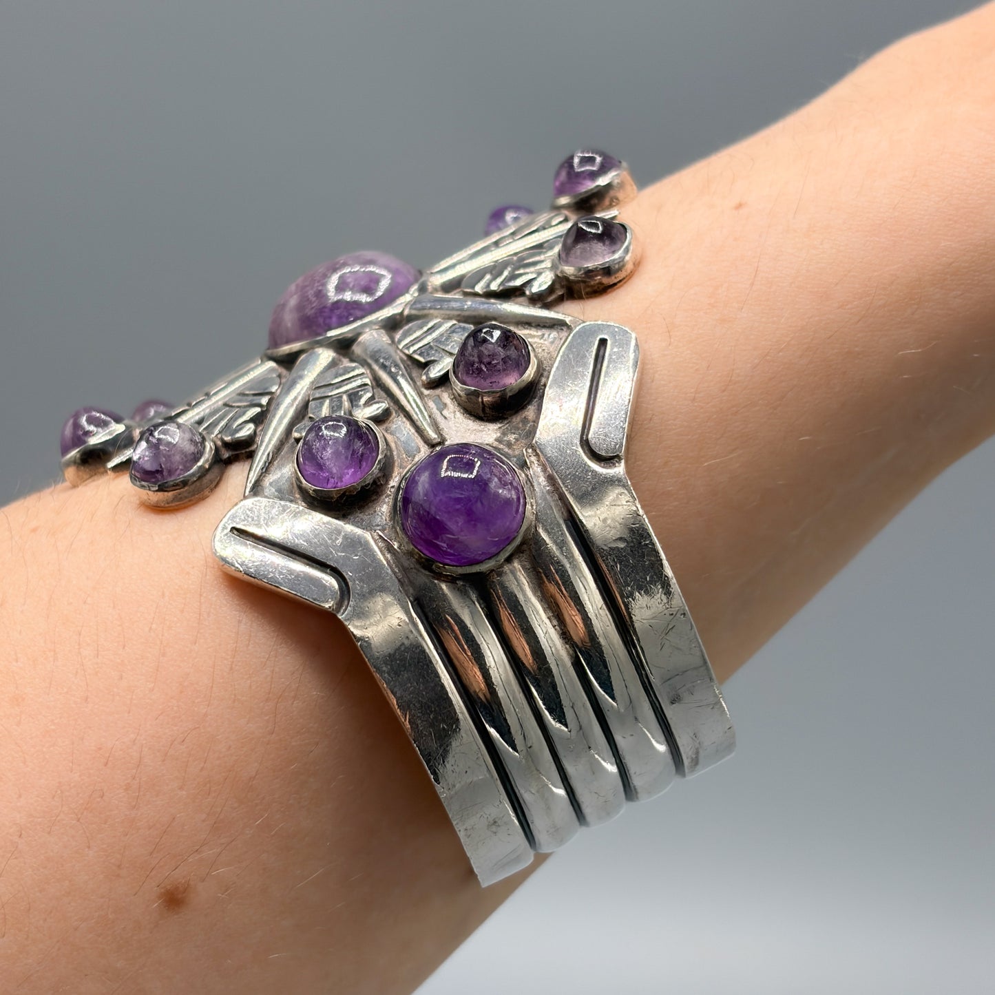 Estate Sterling Silver William Spratling Aztec Sunburst Cuff Bracelet with Amethyst