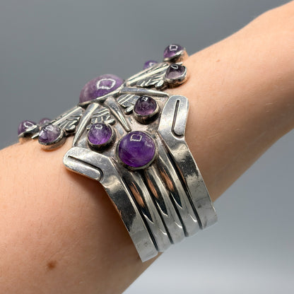 Estate Sterling Silver William Spratling Aztec Sunburst Cuff Bracelet with Amethyst
