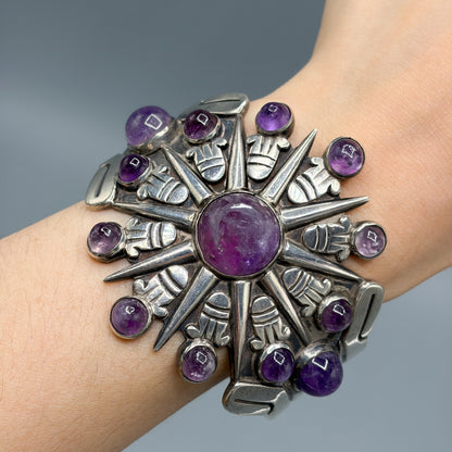 Estate Sterling Silver William Spratling Aztec Sunburst Cuff Bracelet with Amethyst