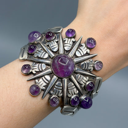 Estate Sterling Silver William Spratling Aztec Sunburst Cuff Bracelet with Amethyst