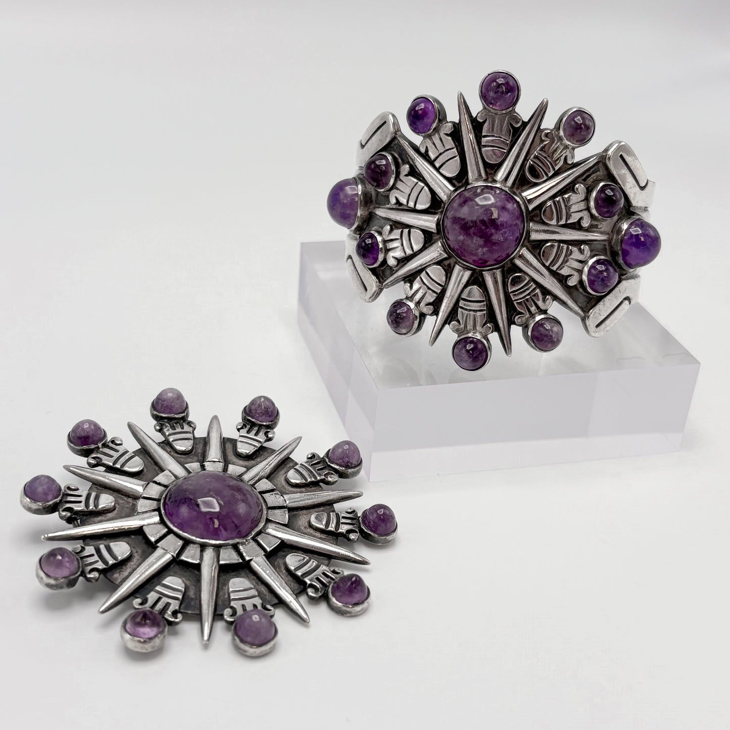 Estate Sterling Silver William Spratling Aztec Sunburst Cuff Bracelet with Amethyst
