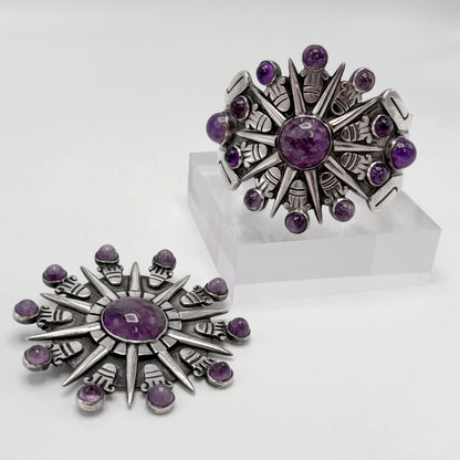 Estate Sterling Silver William Spratling Aztec Sunburst Cuff Bracelet with Amethyst