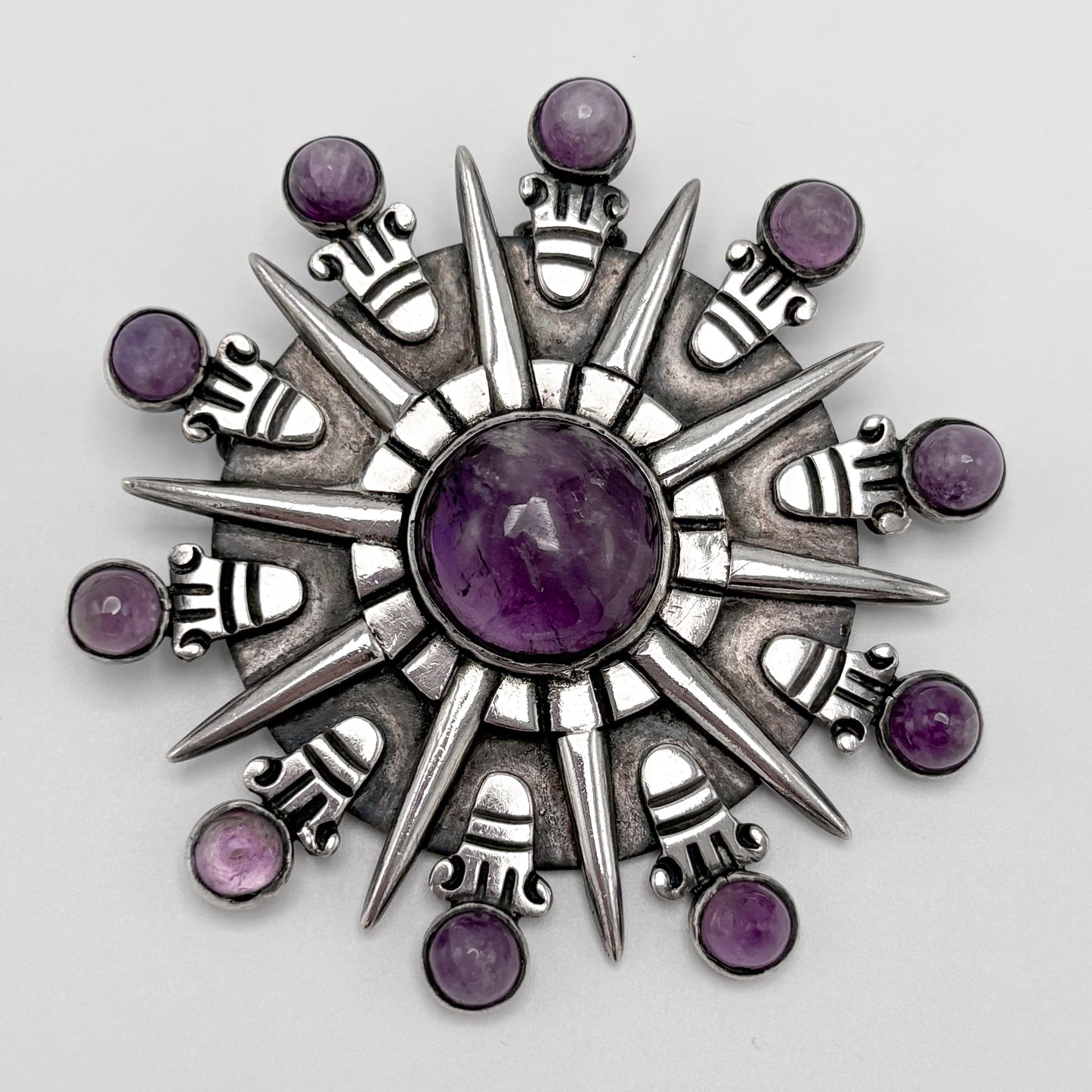 Estate Sterling Silver William Spratling Aztec Sun Brooch / Pendant