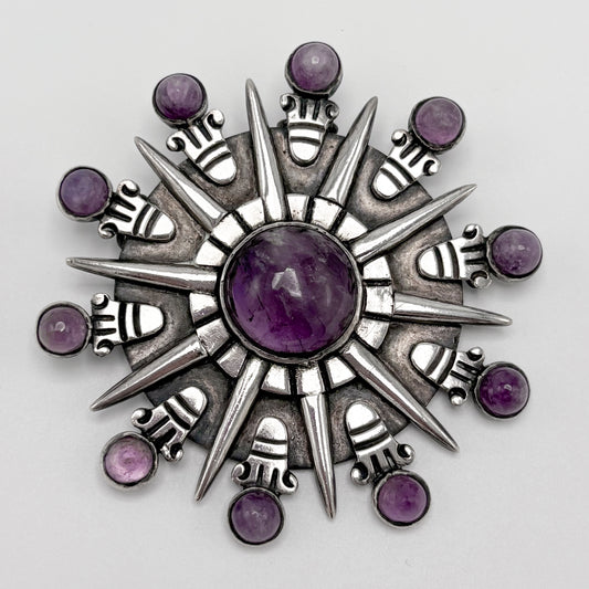 Estate Sterling Silver William Spratling Aztec Sun Brooch / Pendant