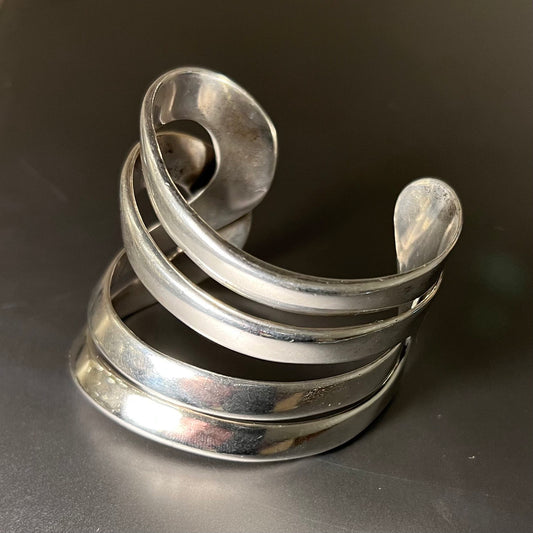 Sterling Silver Artisan Modernist Wave Cuff Bracelet by T. Waca