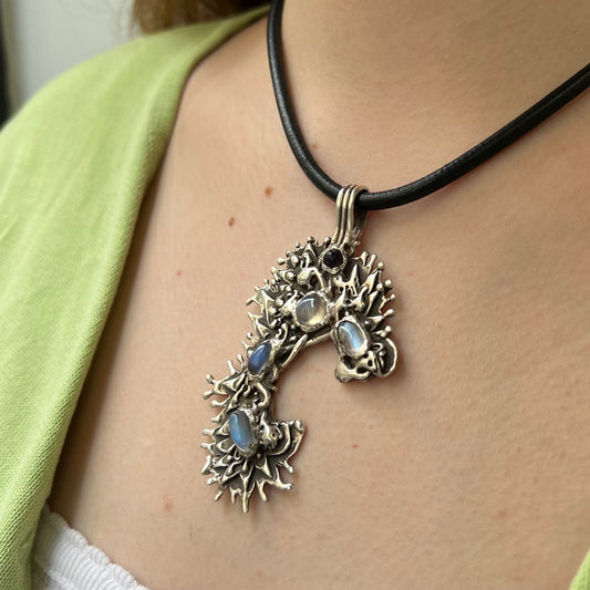 Sterling Silver Brutalist "Sea Urchin" Pendant with Moonstone and Amethyst