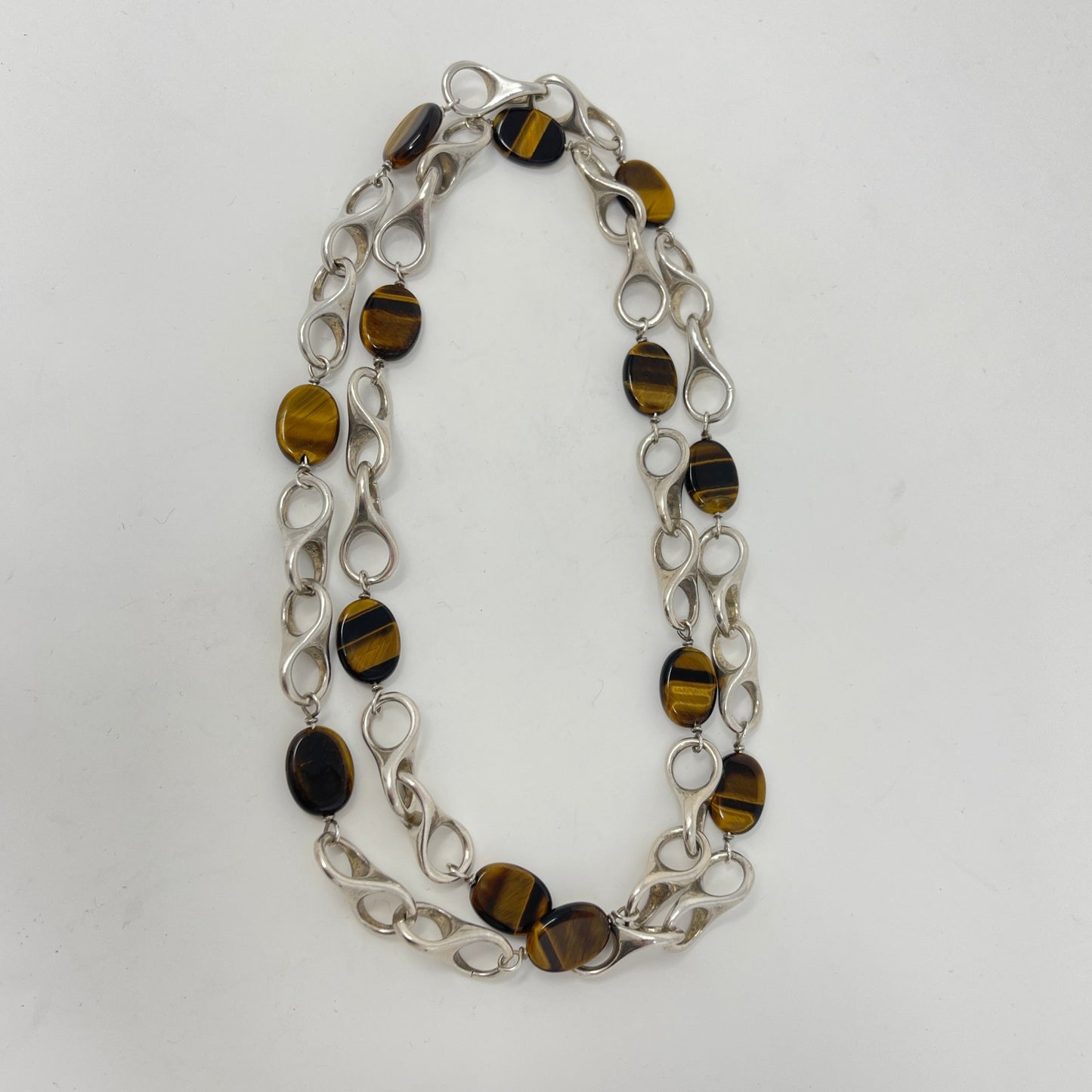 Estate Sterling Silver 3D Infinity Link Necklace with Tigers Eye
