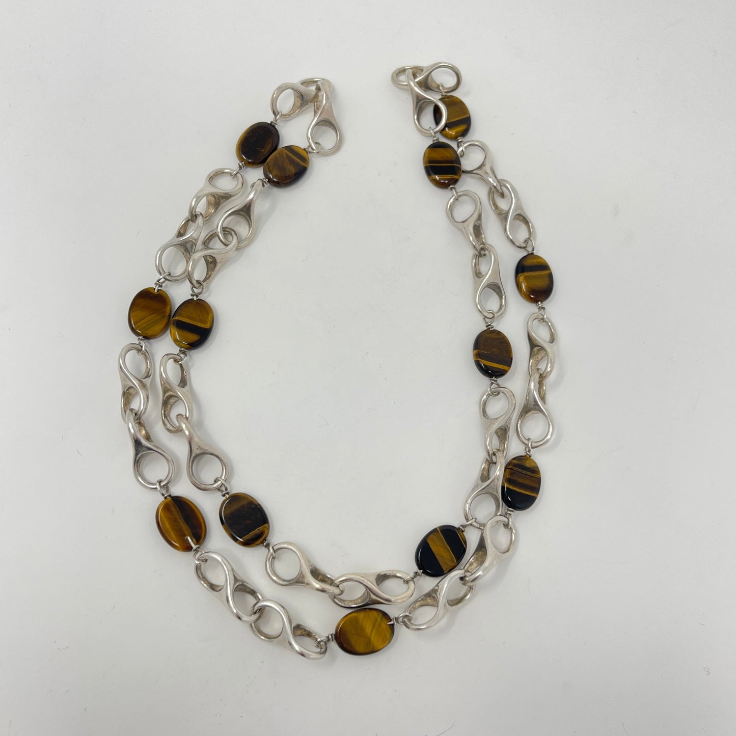Estate Sterling Silver 3D Infinity Link Necklace with Tigers Eye