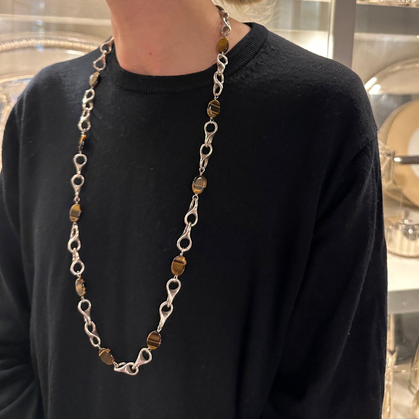 Estate Sterling Silver 3D Infinity Link Necklace with Tigers Eye