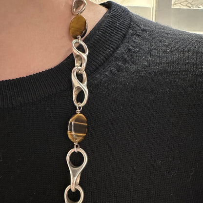 Estate Sterling Silver 3D Infinity Link Necklace with Tigers Eye