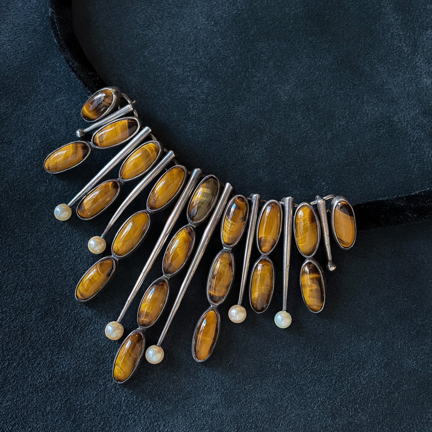 Estate Sterling Silver Tigers Eye and Pearl Necklace by Antonio Pineda