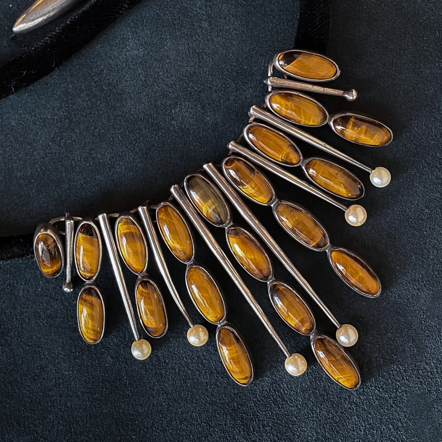 Estate Sterling Silver Tigers Eye and Pearl Necklace by Antonio Pineda