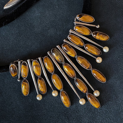 Estate Sterling Silver Tigers Eye and Pearl Necklace by Antonio Pineda