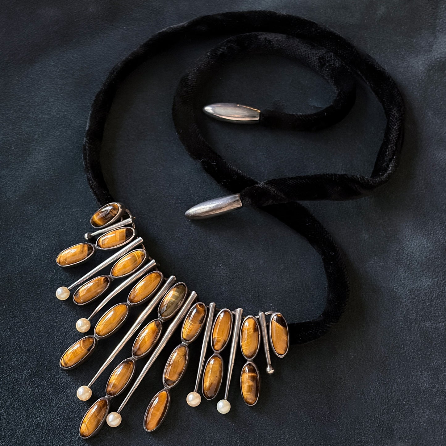 Estate Sterling Silver Tigers Eye and Pearl Necklace by Antonio Pineda
