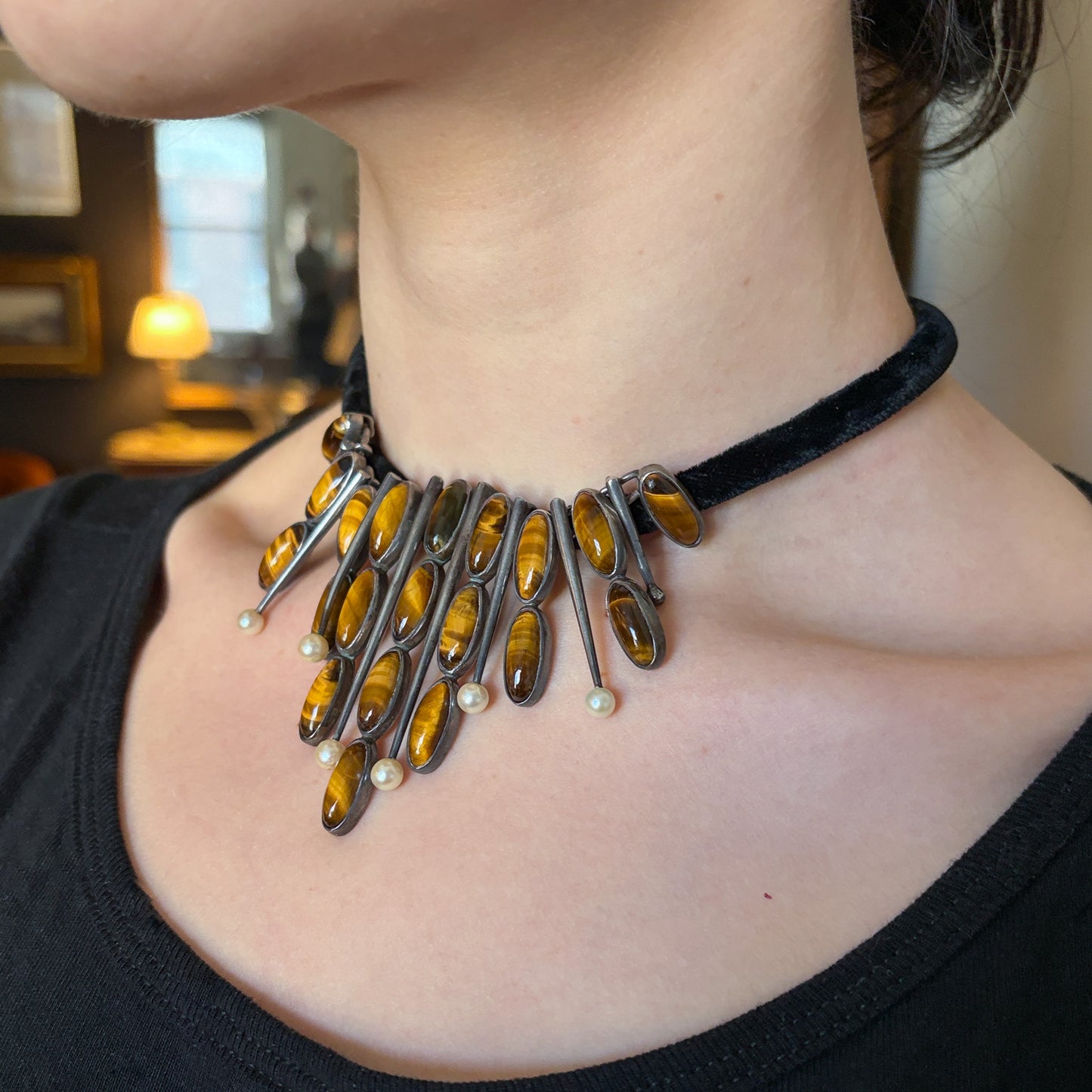 Estate Sterling Silver Tigers Eye and Pearl Necklace by Antonio Pineda