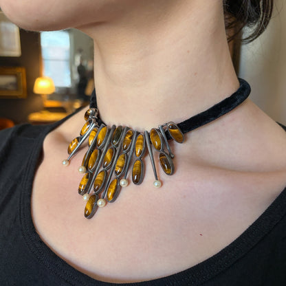 Estate Sterling Silver Tigers Eye and Pearl Necklace by Antonio Pineda